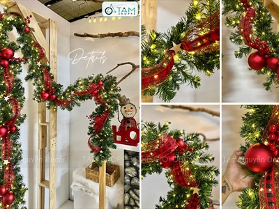 Dây lá thông Noel châu mờ ruy băng đỏ dài 3M [Bản lớn - Nhiều lá - Đèn đom đóm] DAYLA-04